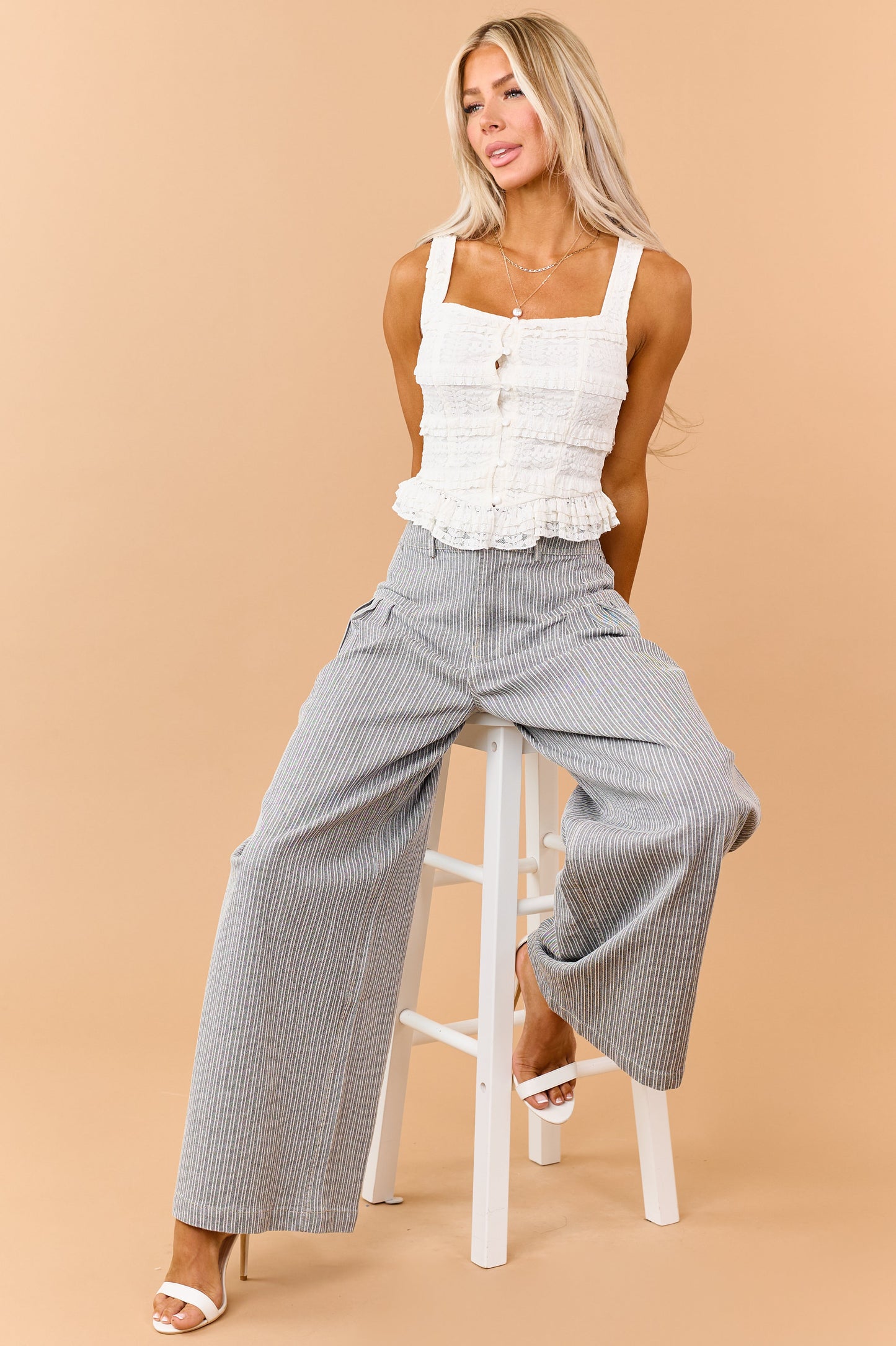 Cream Lace Tiered Frill Button Down Tank Top