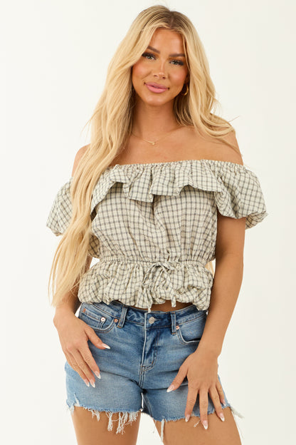 Cream Plaid Off Shoulder Peplum Bubble Hem Top
