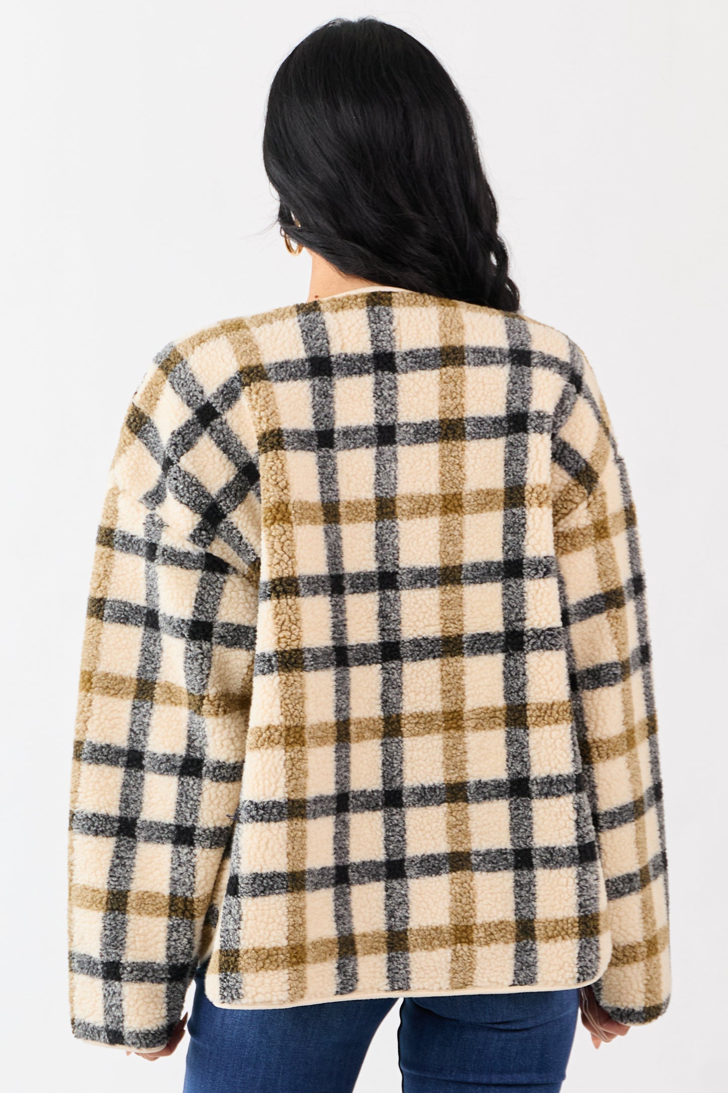 Cream Plaid Sherpa Button Down Teddy Jacket