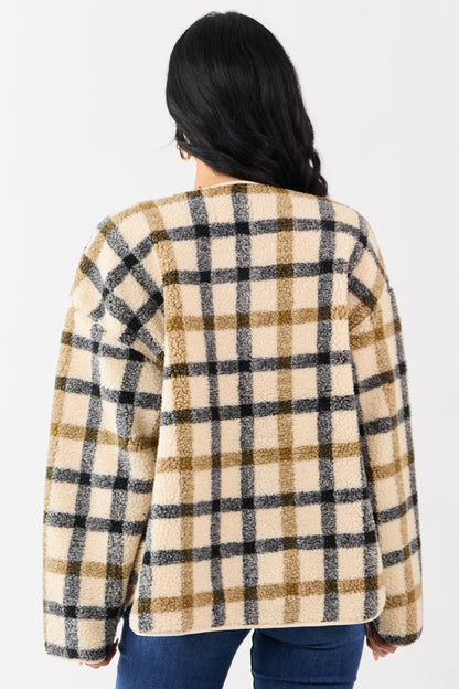 Cream Plaid Sherpa Button Down Teddy Jacket