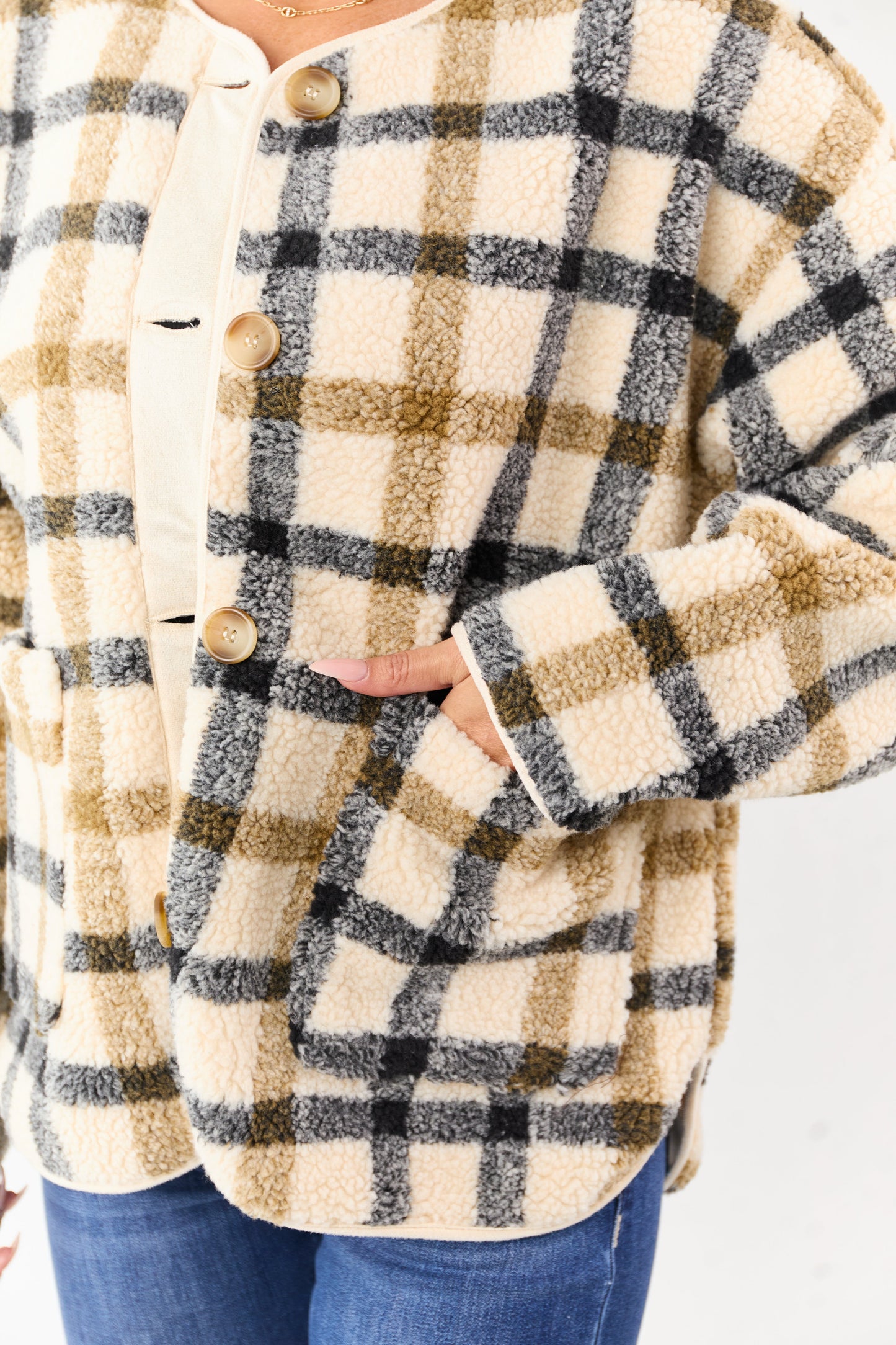 Cream Plaid Sherpa Button Down Teddy Jacket