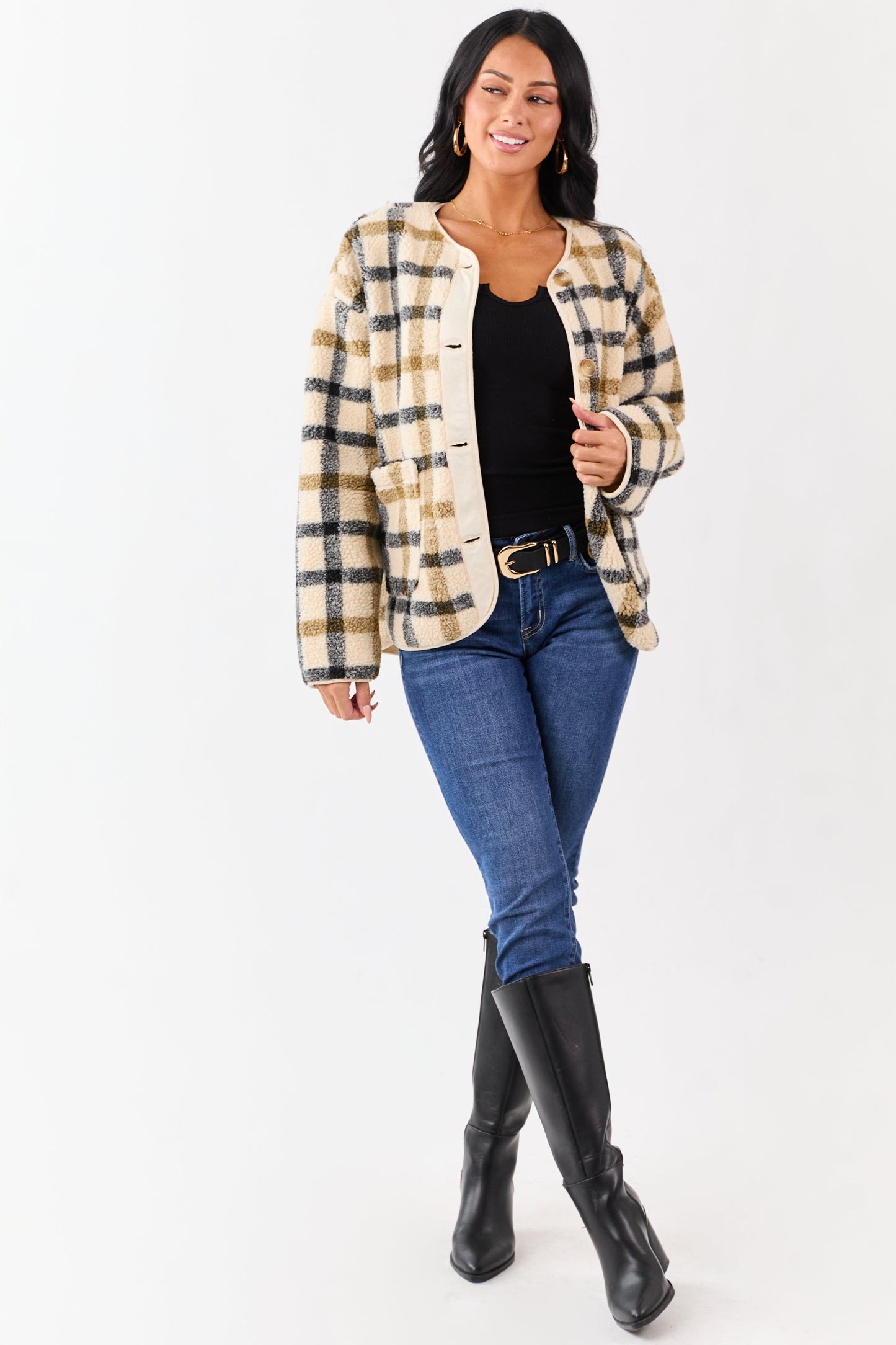 Cream Plaid Sherpa Button Down Teddy Jacket