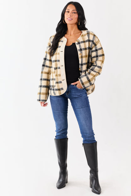 Cream Plaid Sherpa Button Down Teddy Jacket
