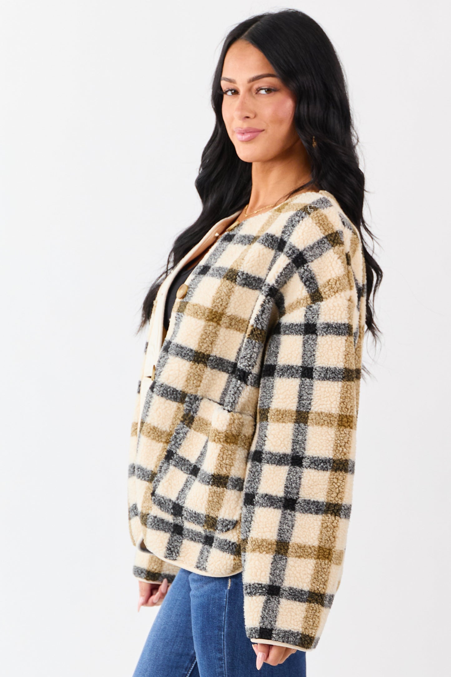 Cream Plaid Sherpa Button Down Teddy Jacket