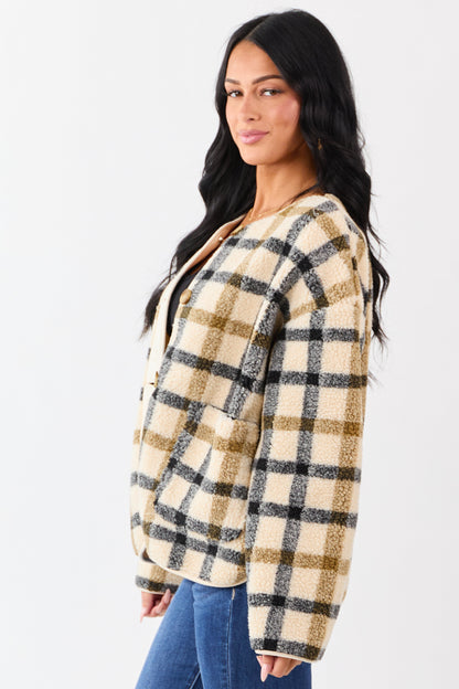 Cream Plaid Sherpa Button Down Teddy Jacket