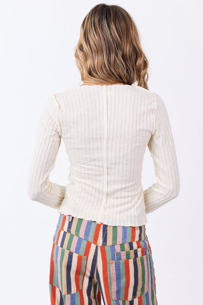 Cream Rib Knit Lettuce Trim Long Sleeve Top