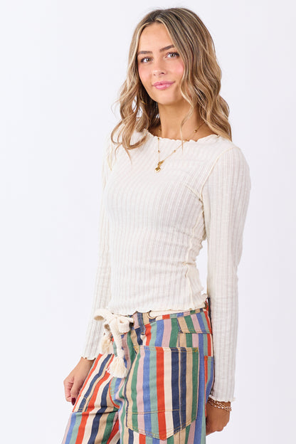 Cream Rib Knit Lettuce Trim Long Sleeve Top