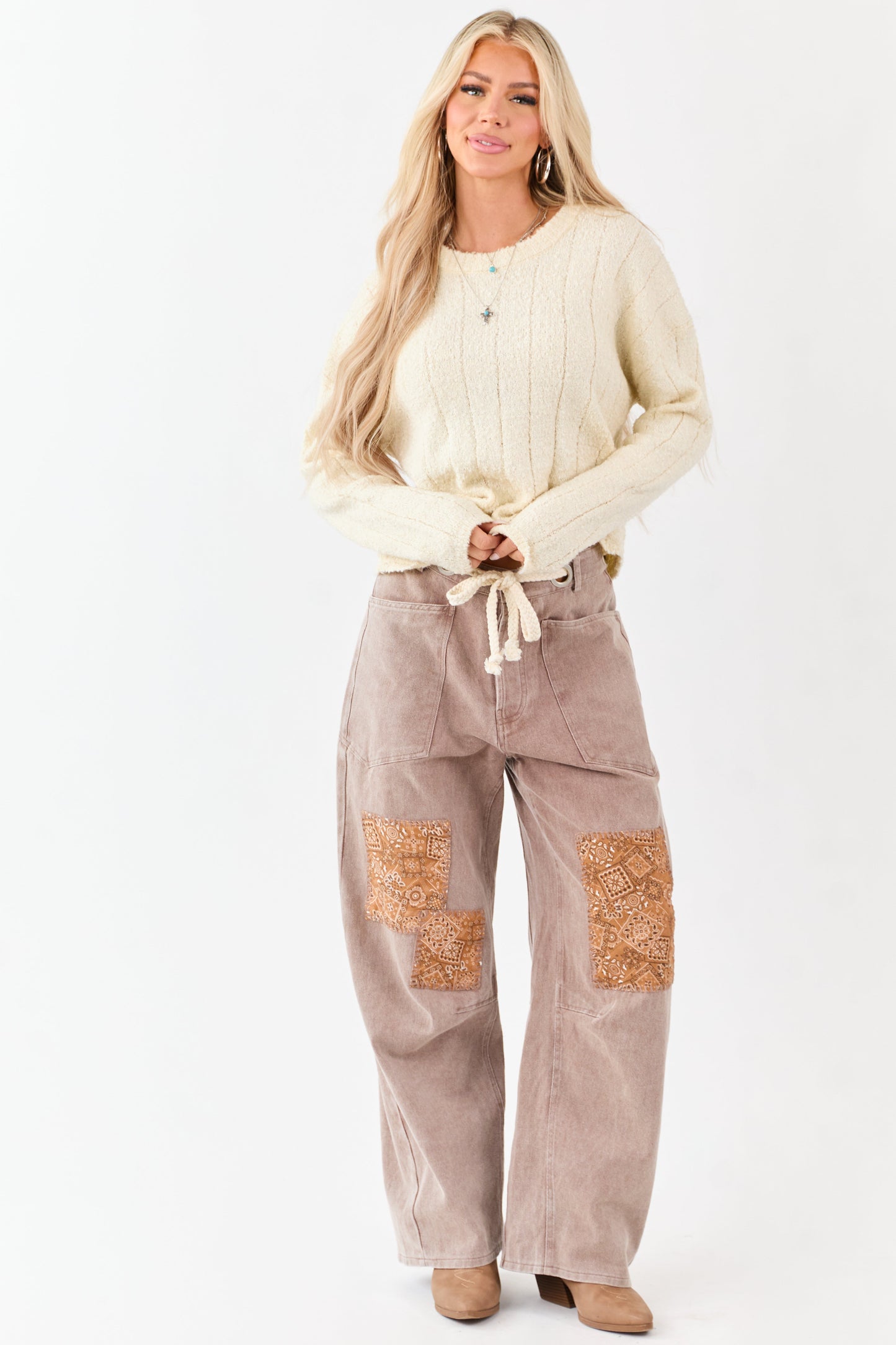Cream Rib Texture Crew Neck Pullover Sweater