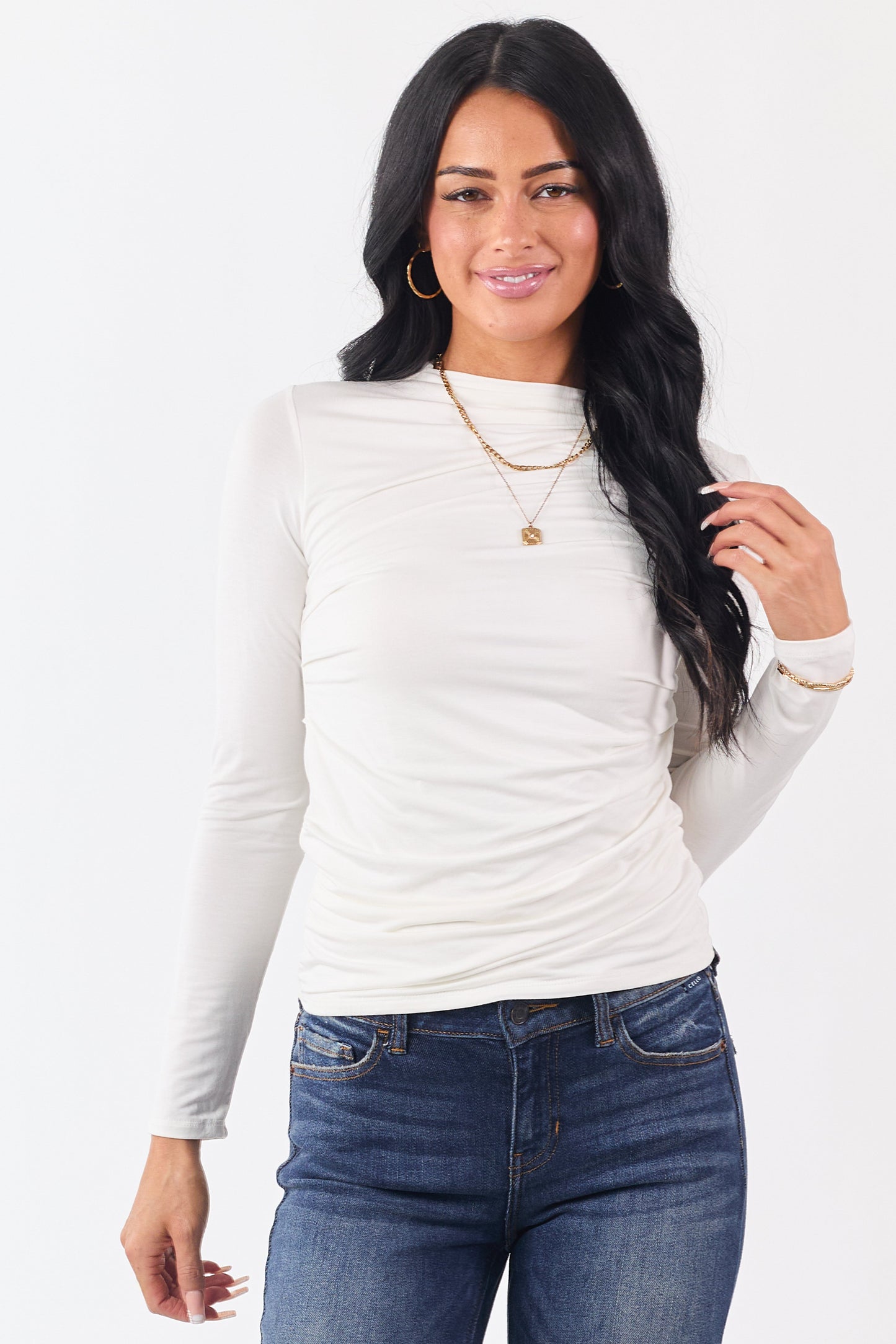 Cream Ruched High Neck Double Layer Top