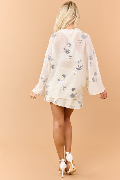 Cream Sequined Long Sleeve Top and Skirt Set