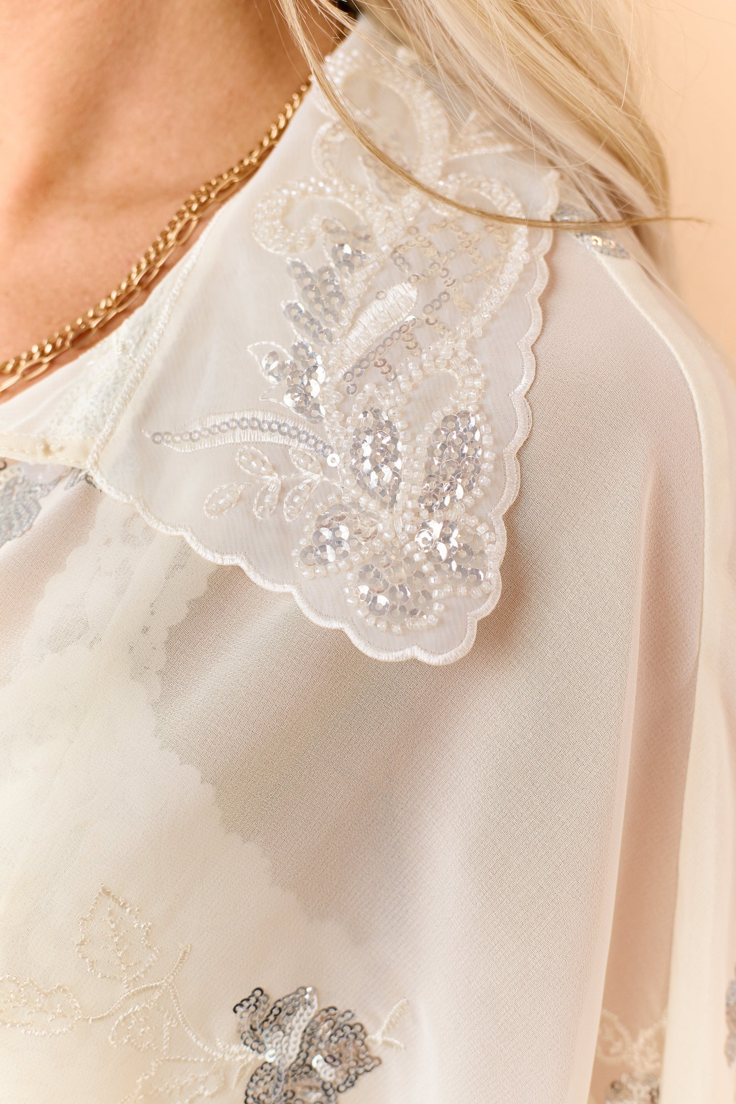 Cream Sequined Long Sleeve Top and Skirt Set