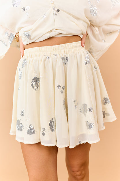 Cream Sequined Long Sleeve Top and Skirt Set