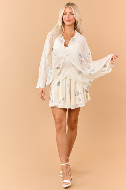 Cream Sequined Long Sleeve Top and Skirt Set