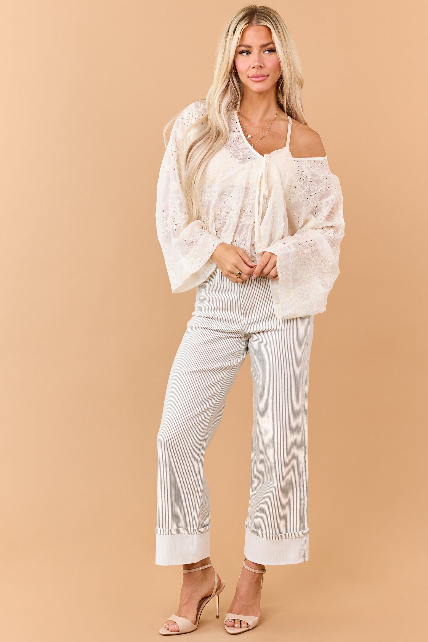 Cream Sheer Eyelet Embroidered Lace Long Sleeve Top