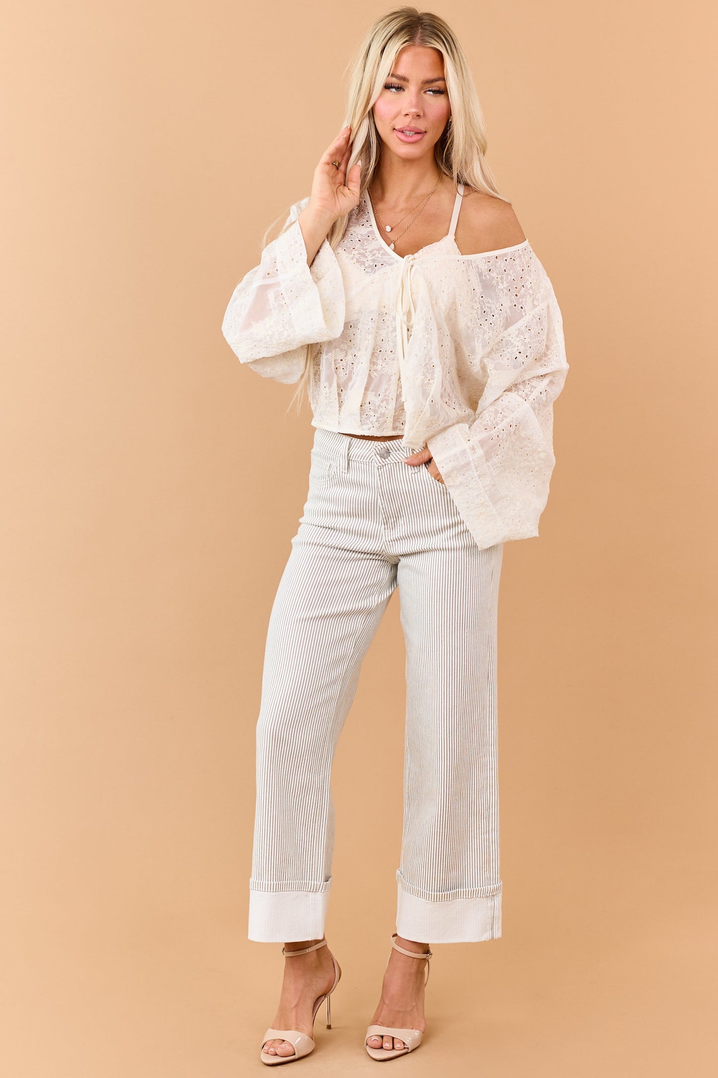 Cream Sheer Eyelet Embroidered Lace Long Sleeve Top