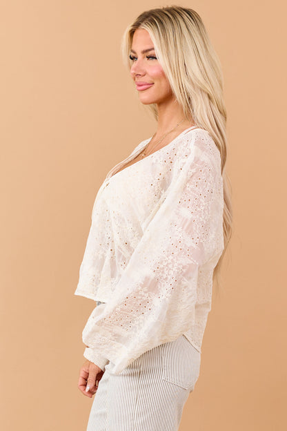 Cream Sheer Eyelet Embroidered Lace Long Sleeve Top