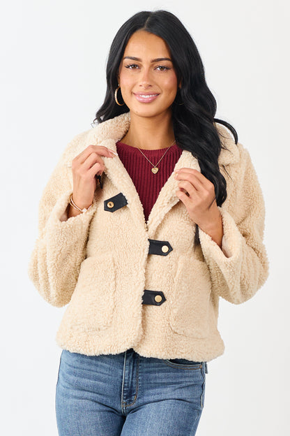 Cream Sherpa Long Sleeve Button Down Jacket