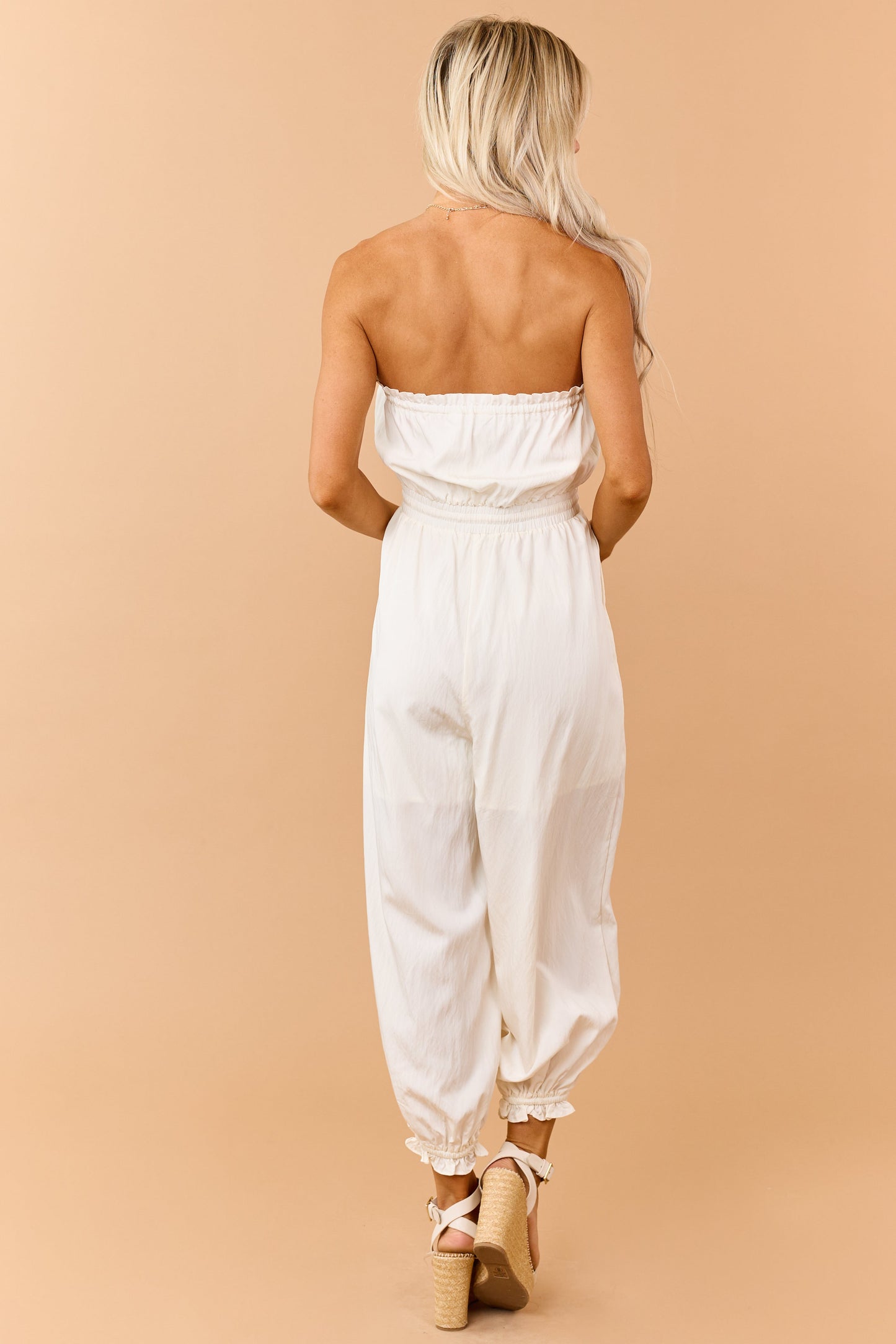 Cream Strapless Balloon Leg Ruffle Trim Jumpsuit