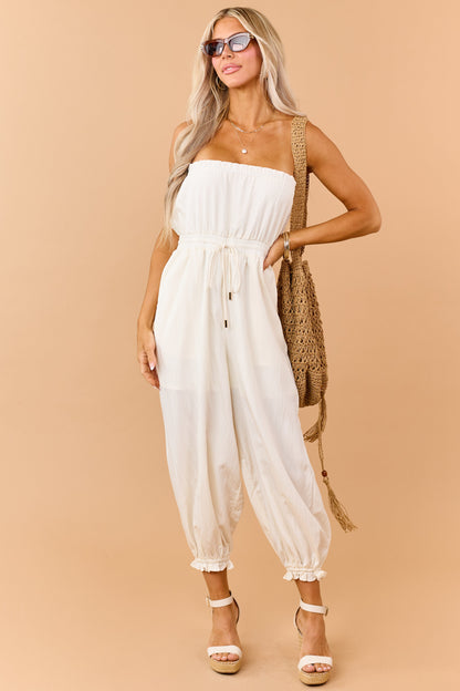 Cream Strapless Balloon Leg Ruffle Trim Jumpsuit