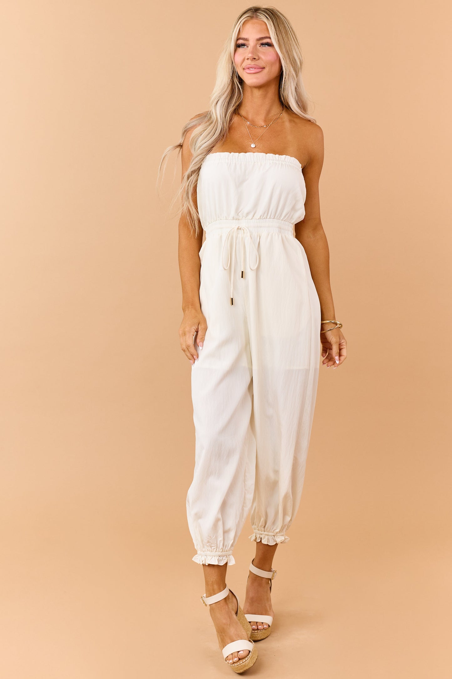 Cream Strapless Balloon Leg Ruffle Trim Jumpsuit