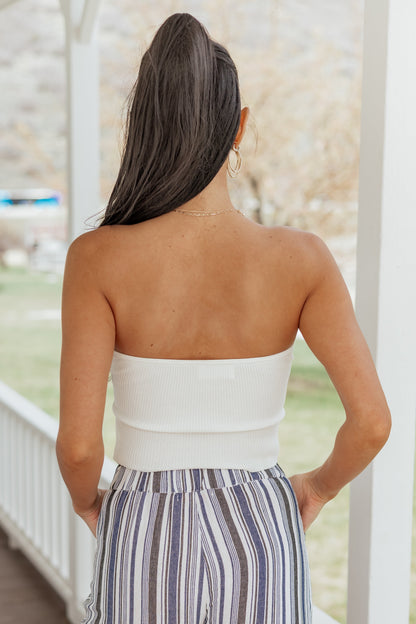 Cream Strapless Rib Knit Twist Bust Crop Top