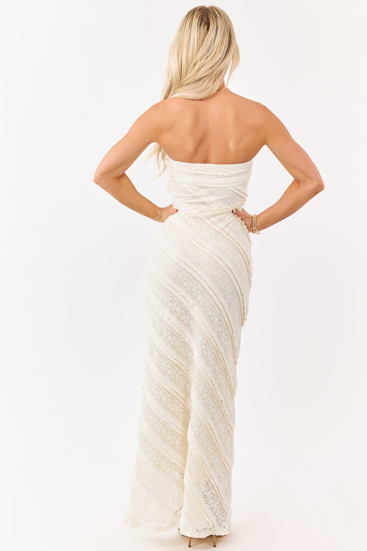 Cream Strapless Tiered Ruffle Lace Maxi Dress