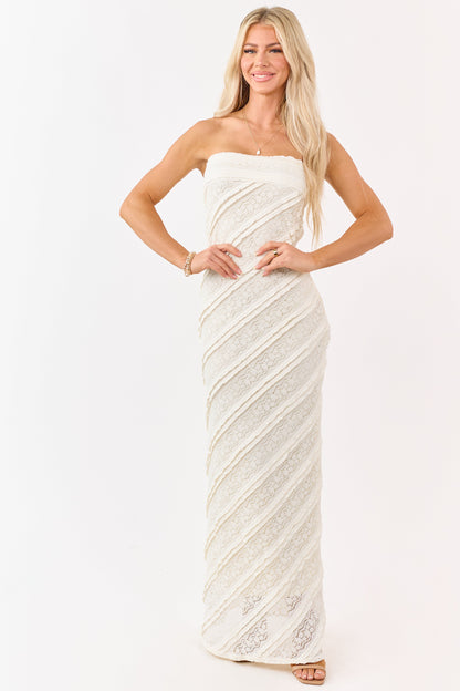 Cream Strapless Tiered Ruffle Lace Maxi Dress