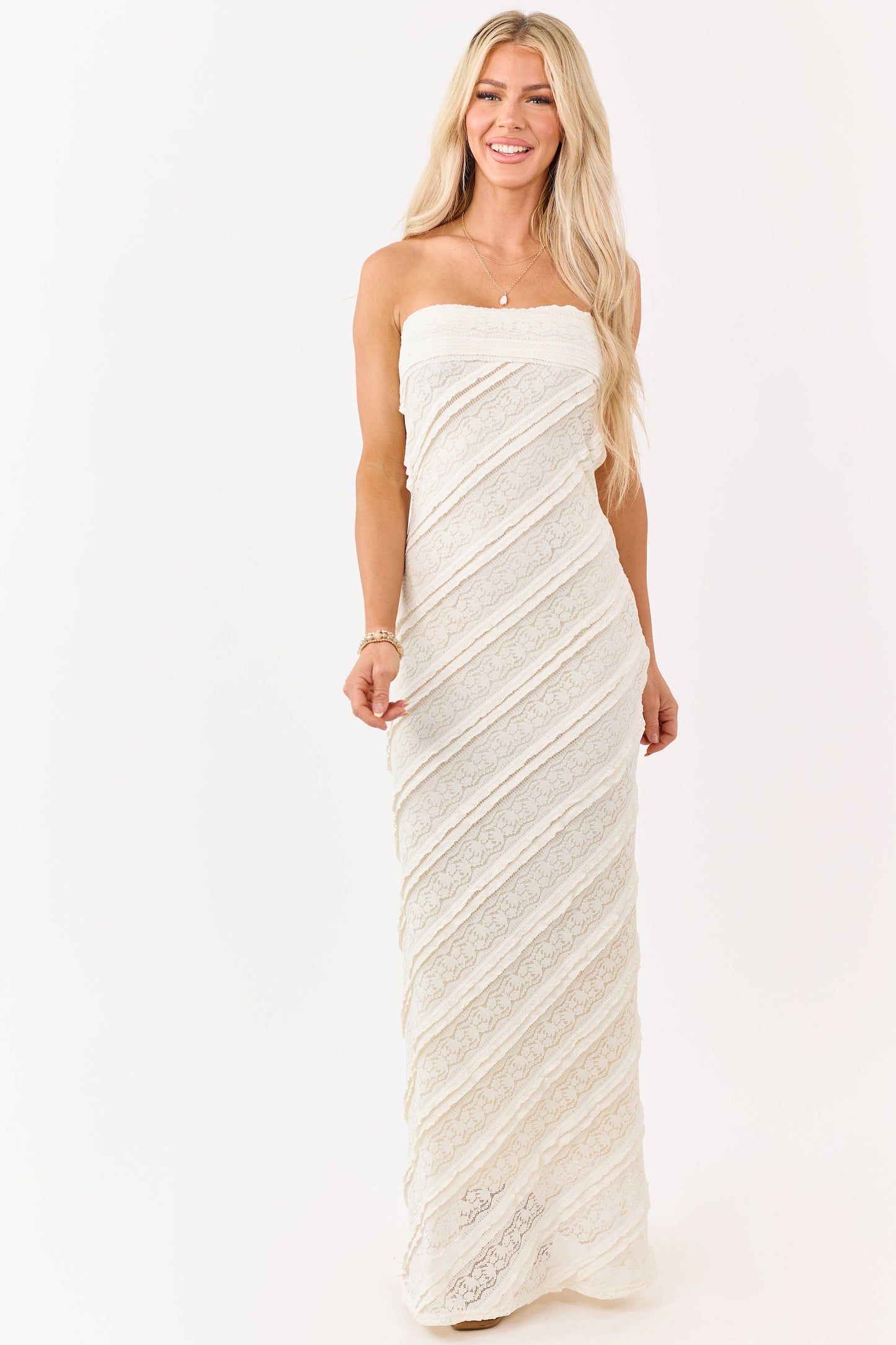 Cream Strapless Tiered Ruffle Lace Maxi Dress