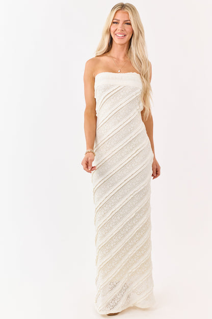 Cream Strapless Tiered Ruffle Lace Maxi Dress