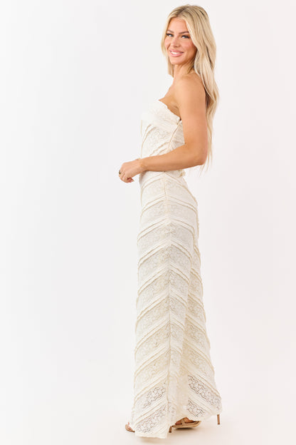 Cream Strapless Tiered Ruffle Lace Maxi Dress