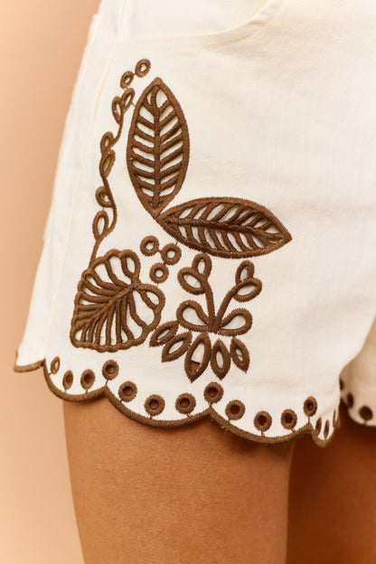 Cream Stretchy Denim Floral Embroidered Shorts