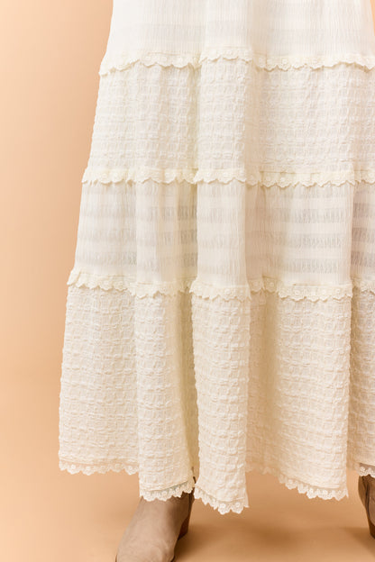 Cream Textured Tiered Lace Maxi Dress