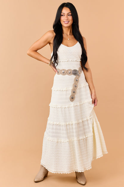 Cream Textured Tiered Lace Maxi Dress