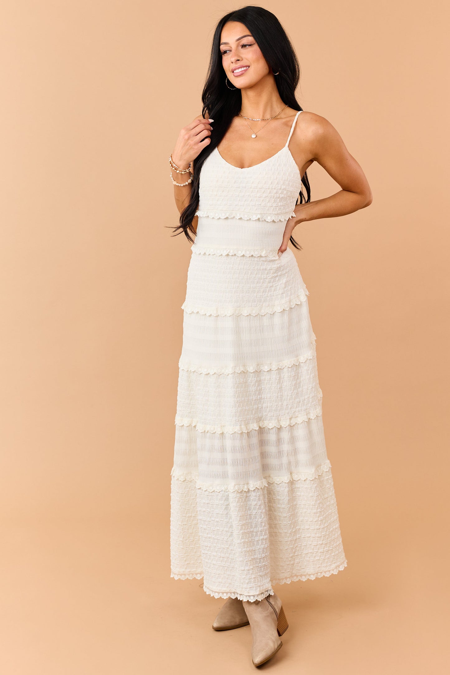 Cream Textured Tiered Lace Maxi Dress
