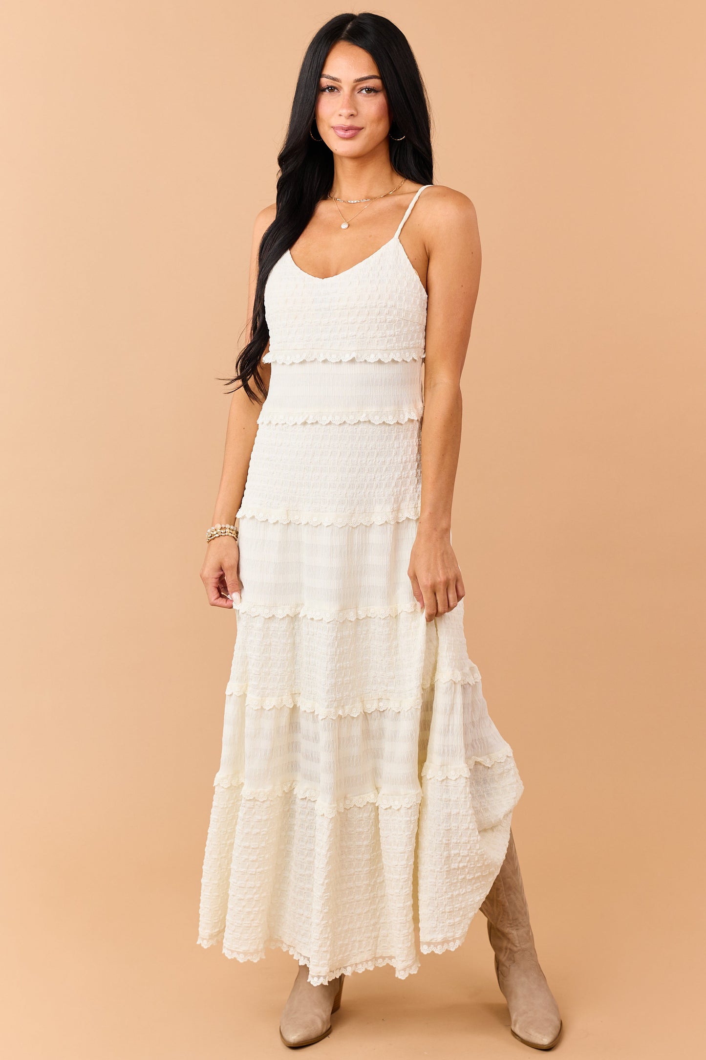 Cream Textured Tiered Lace Maxi Dress