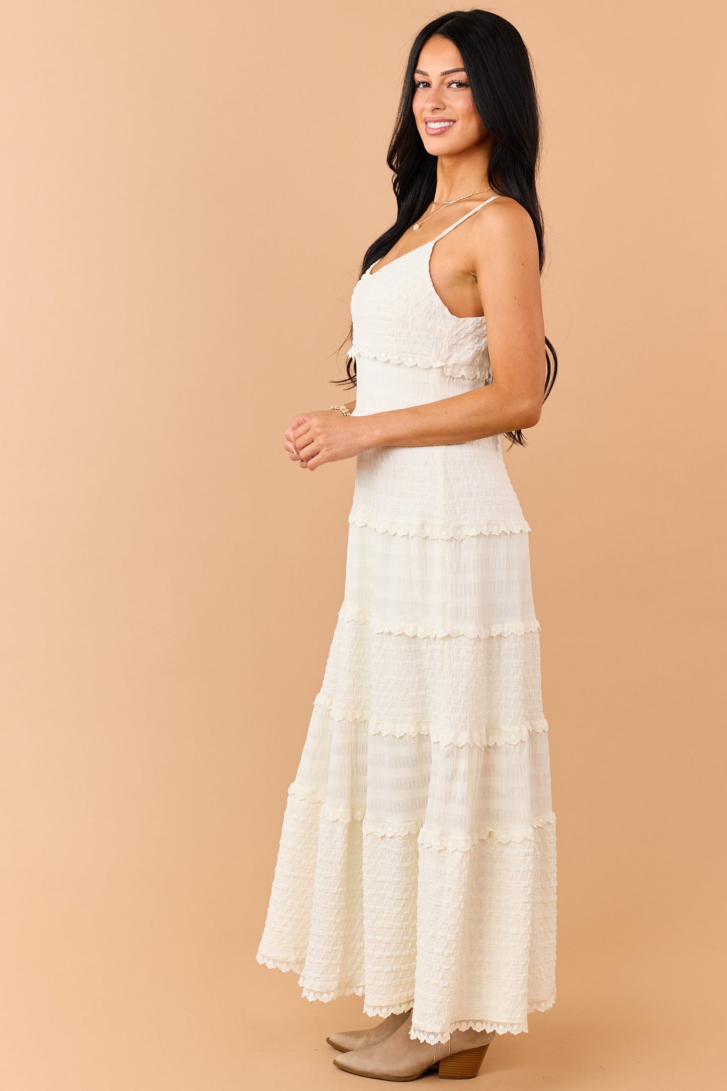 Cream Textured Tiered Lace Maxi Dress