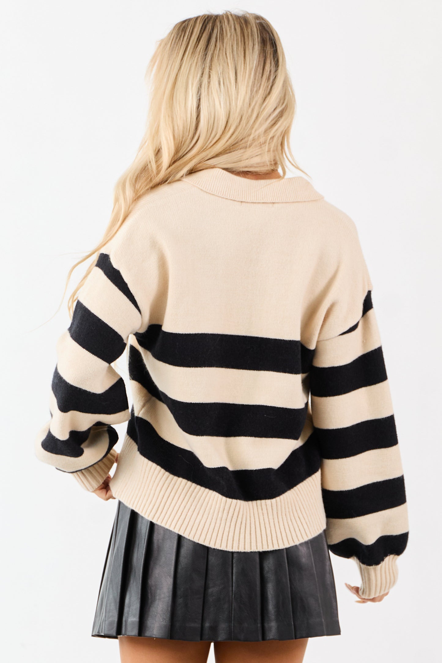 Cream and Black Striped Polo Style Sweater