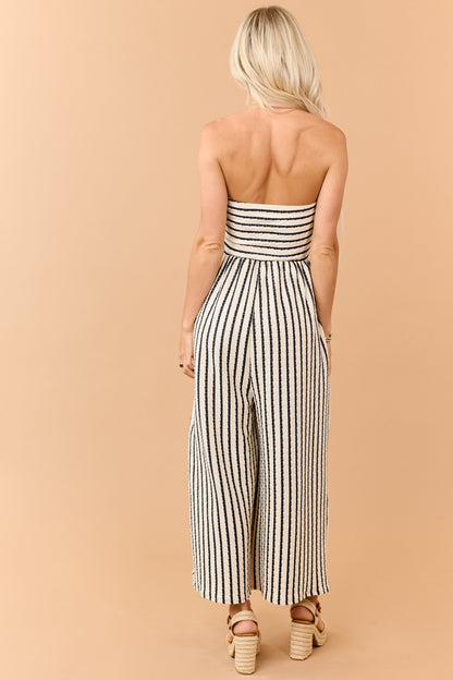 Cream and Black Striped Strapless Jumpsuit
