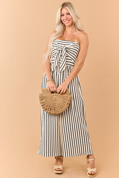 Cream and Black Striped Strapless Jumpsuit