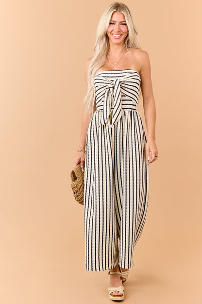Cream and Black Striped Strapless Jumpsuit