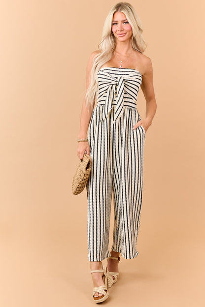Cream and Black Striped Strapless Jumpsuit