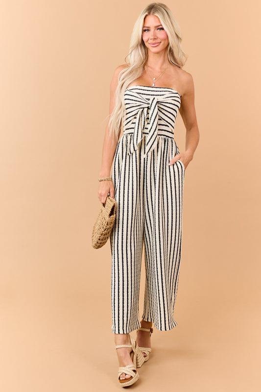 Cream and Black Striped Strapless Jumpsuit