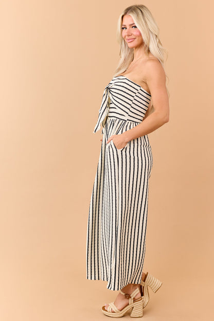 Cream and Black Striped Strapless Jumpsuit