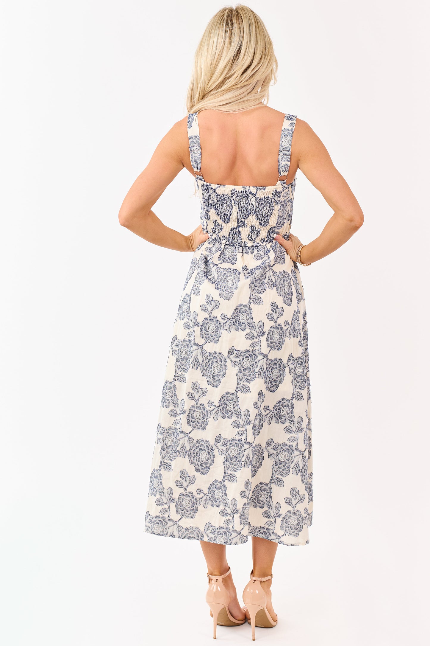 Cream and Navy Floral Jacquard Sleeveless Midi Dress