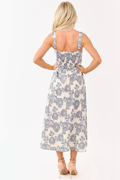 Cream and Navy Floral Jacquard Sleeveless Midi Dress
