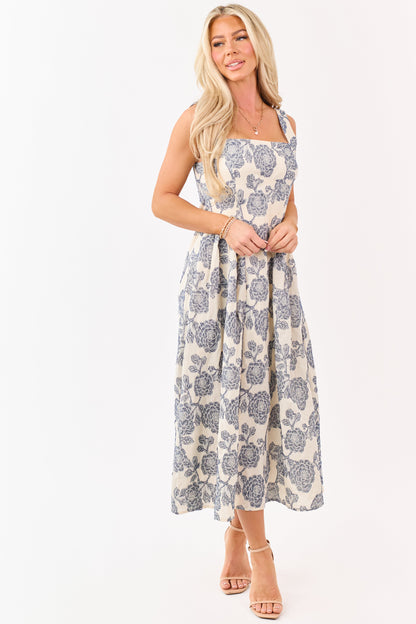 Cream and Navy Floral Jacquard Sleeveless Midi Dress