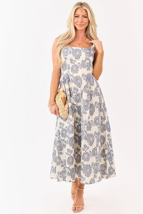 Cream and Navy Floral Jacquard Sleeveless Midi Dress