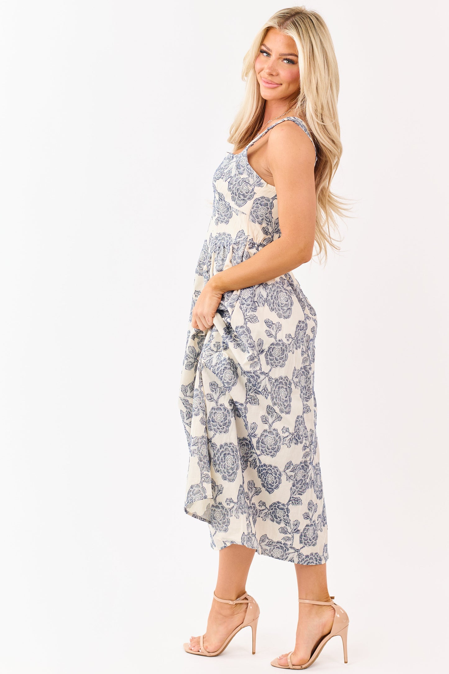 Cream and Navy Floral Jacquard Sleeveless Midi Dress