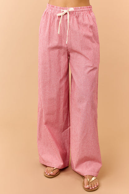 Crimson Pinstriped Wide Leg Drawstring Cotton Pants