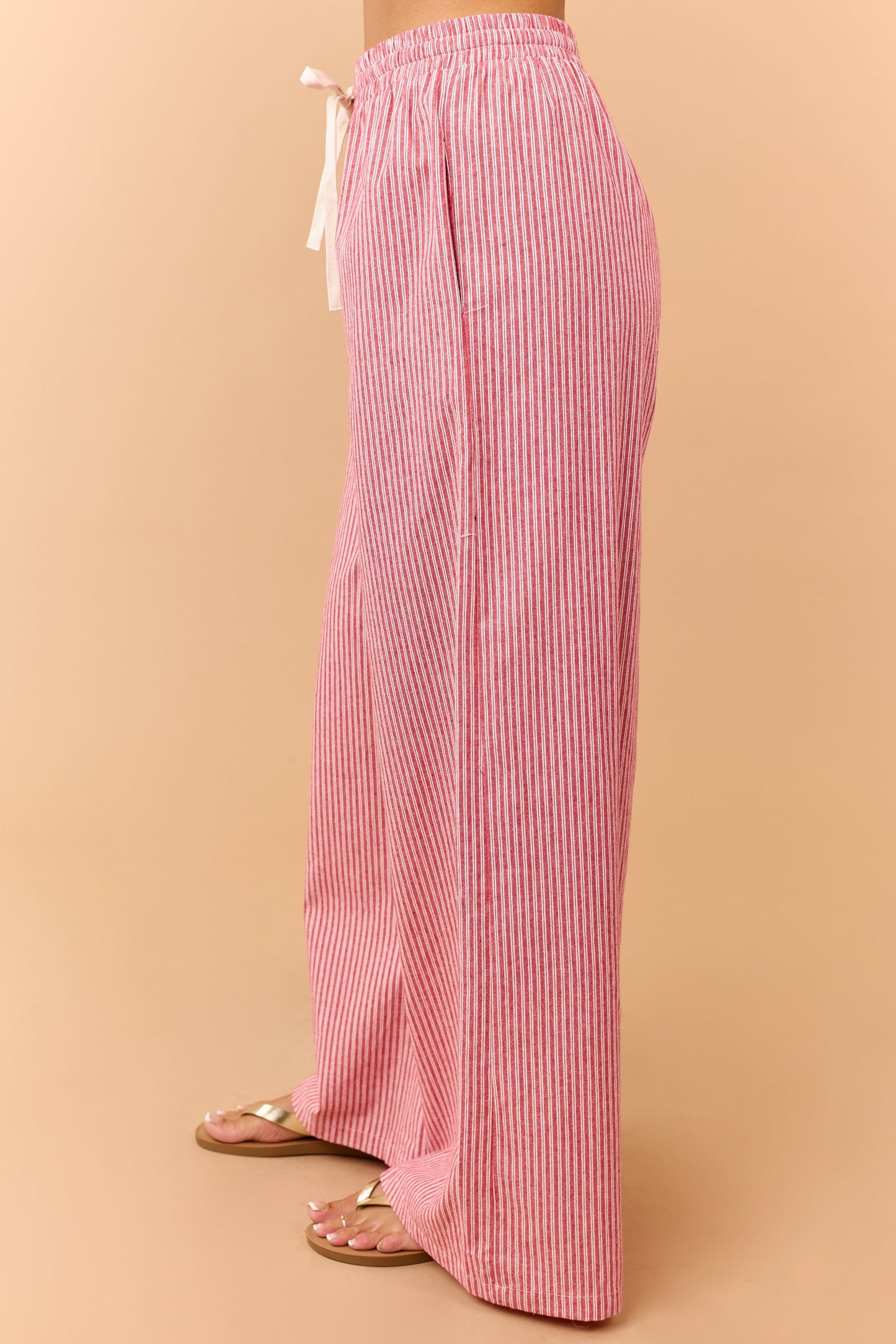 Crimson Pinstriped Wide Leg Drawstring Cotton Pants